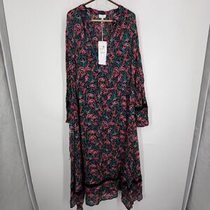 Escada Fantasy Bird Print Lace Trim Long Sleeve Maxi Dress Size 44 NWT